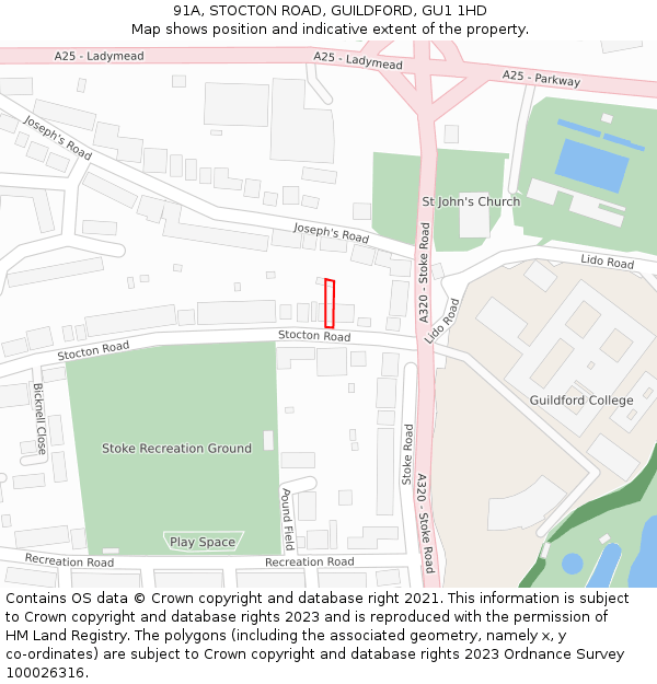 91A, STOCTON ROAD, GUILDFORD, GU1 1HD: Location map and indicative extent of plot