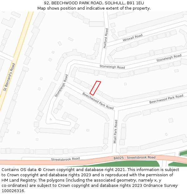 92, BEECHWOOD PARK ROAD, SOLIHULL, B91 1EU: Location map and indicative extent of plot