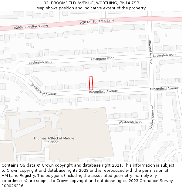 92, BROOMFIELD AVENUE, WORTHING, BN14 7SB: Location map and indicative extent of plot