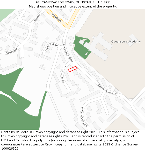 92, CANESWORDE ROAD, DUNSTABLE, LU6 3PZ: Location map and indicative extent of plot