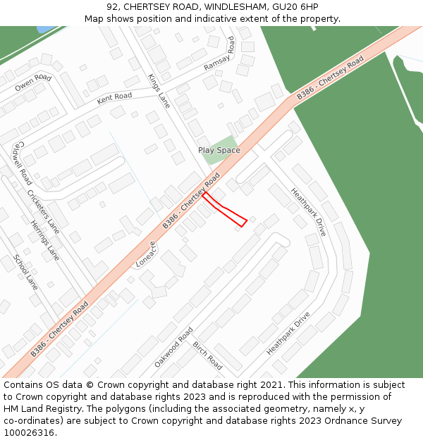 92, CHERTSEY ROAD, WINDLESHAM, GU20 6HP: Location map and indicative extent of plot