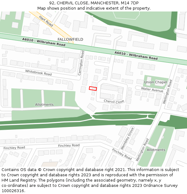 92, CHERVIL CLOSE, MANCHESTER, M14 7DP: Location map and indicative extent of plot