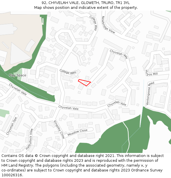 92, CHYVELAH VALE, GLOWETH, TRURO, TR1 3YL: Location map and indicative extent of plot