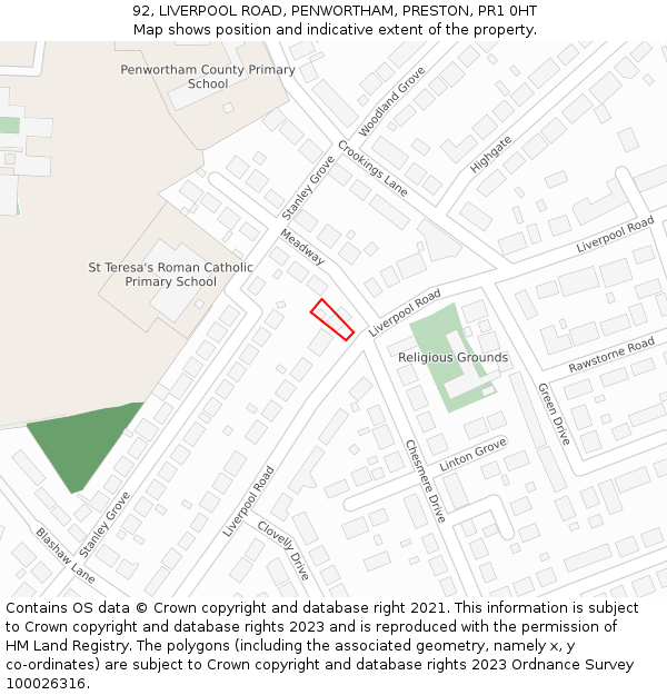 92, LIVERPOOL ROAD, PENWORTHAM, PRESTON, PR1 0HT: Location map and indicative extent of plot