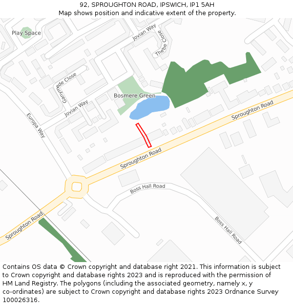 92, SPROUGHTON ROAD, IPSWICH, IP1 5AH: Location map and indicative extent of plot