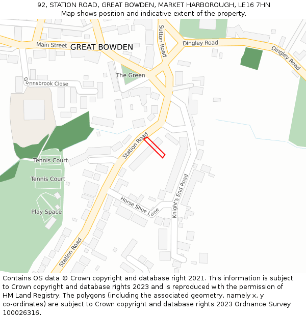 92, STATION ROAD, GREAT BOWDEN, MARKET HARBOROUGH, LE16 7HN: Location map and indicative extent of plot