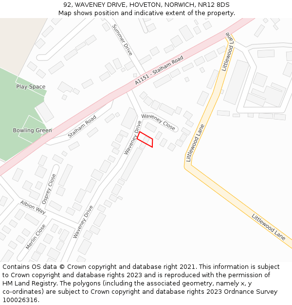 92, WAVENEY DRIVE, HOVETON, NORWICH, NR12 8DS: Location map and indicative extent of plot