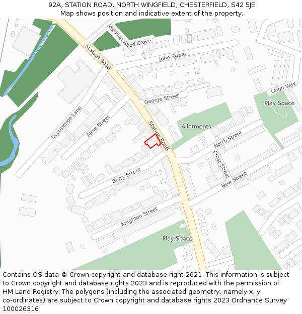 92A, STATION ROAD, NORTH WINGFIELD, CHESTERFIELD, S42 5JE: Location map and indicative extent of plot