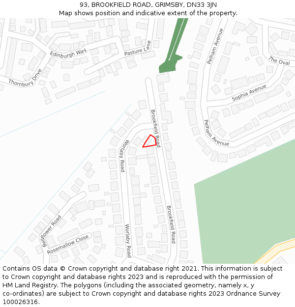 93, BROOKFIELD ROAD, GRIMSBY, DN33 3JN: Location map and indicative extent of plot