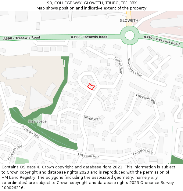 93, COLLEGE WAY, GLOWETH, TRURO, TR1 3RX: Location map and indicative extent of plot