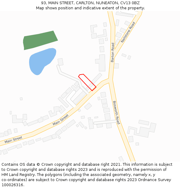 93, MAIN STREET, CARLTON, NUNEATON, CV13 0BZ: Location map and indicative extent of plot