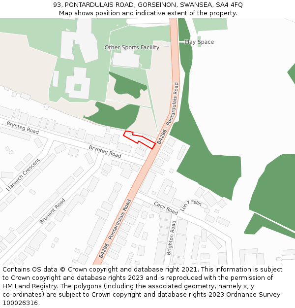 93, PONTARDULAIS ROAD, GORSEINON, SWANSEA, SA4 4FQ: Location map and indicative extent of plot