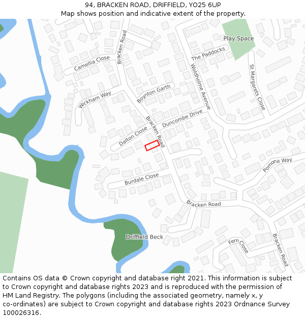 94, BRACKEN ROAD, DRIFFIELD, YO25 6UP: Location map and indicative extent of plot