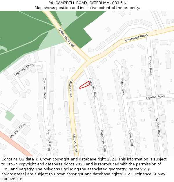 94, CAMPBELL ROAD, CATERHAM, CR3 5JN: Location map and indicative extent of plot