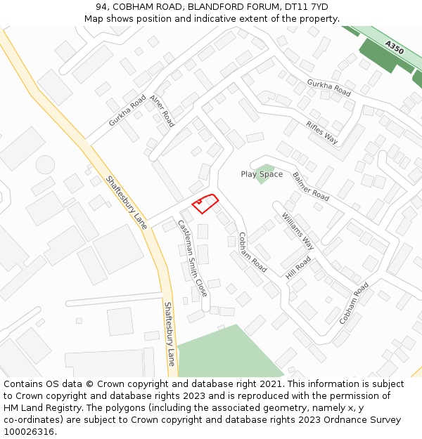 94, COBHAM ROAD, BLANDFORD FORUM, DT11 7YD: Location map and indicative extent of plot