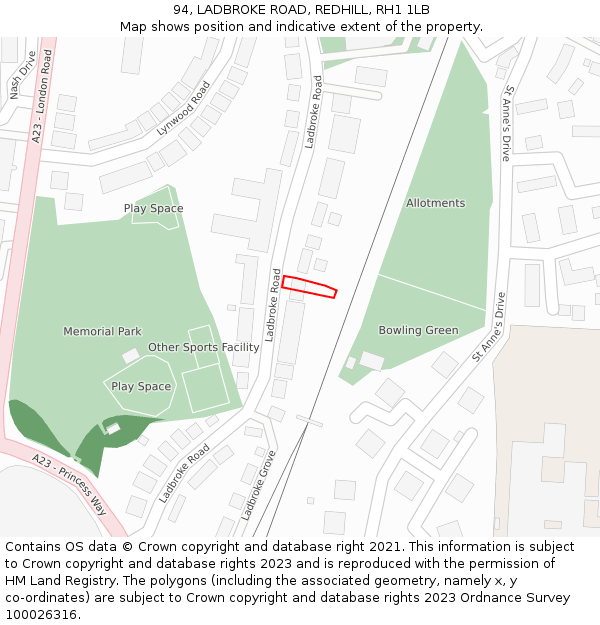 94, LADBROKE ROAD, REDHILL, RH1 1LB: Location map and indicative extent of plot