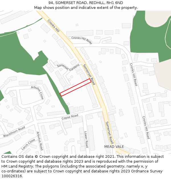 94, SOMERSET ROAD, REDHILL, RH1 6ND: Location map and indicative extent of plot