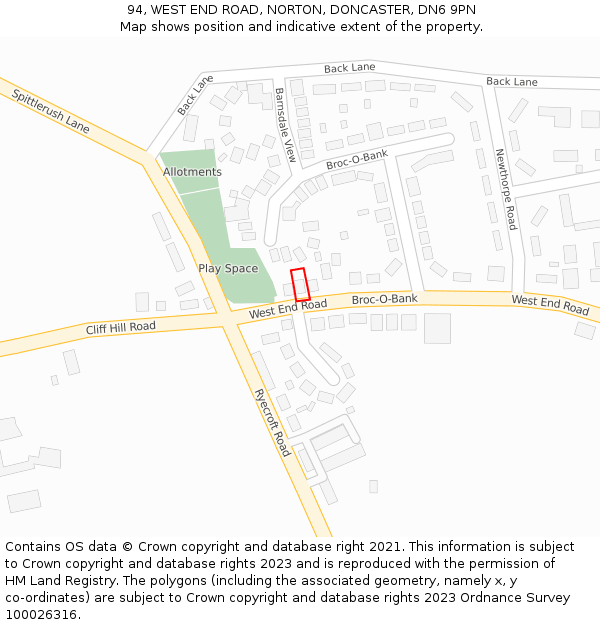 94, WEST END ROAD, NORTON, DONCASTER, DN6 9PN: Location map and indicative extent of plot