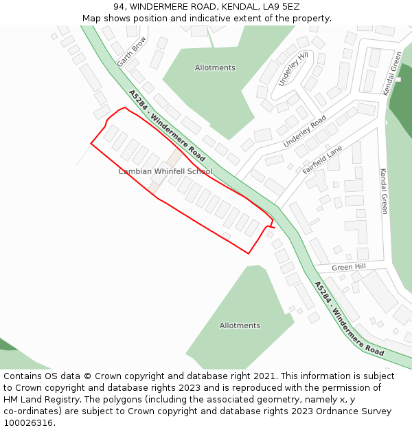 94, WINDERMERE ROAD, KENDAL, LA9 5EZ: Location map and indicative extent of plot