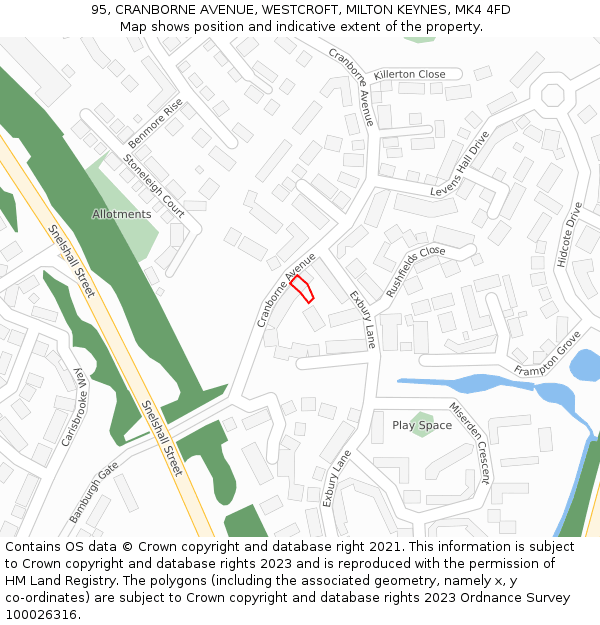 95, CRANBORNE AVENUE, WESTCROFT, MILTON KEYNES, MK4 4FD: Location map and indicative extent of plot