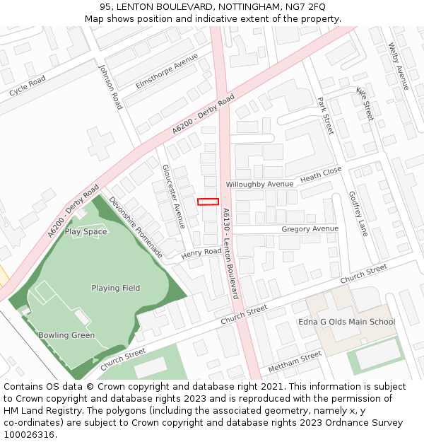 95, LENTON BOULEVARD, NOTTINGHAM, NG7 2FQ: Location map and indicative extent of plot