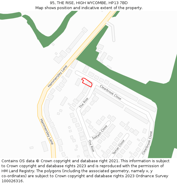 95, THE RISE, HIGH WYCOMBE, HP13 7BD: Location map and indicative extent of plot