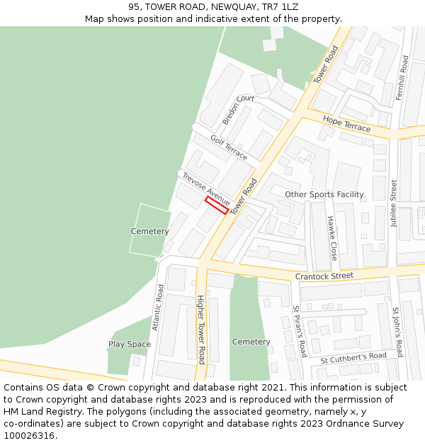 95, TOWER ROAD, NEWQUAY, TR7 1LZ: Location map and indicative extent of plot