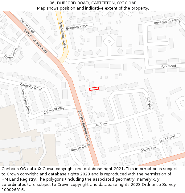 96, BURFORD ROAD, CARTERTON, OX18 1AF: Location map and indicative extent of plot