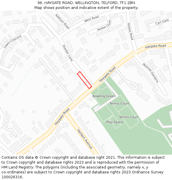 96, HAYGATE ROAD, WELLINGTON, TELFORD, TF1 2BN: Location map and indicative extent of plot