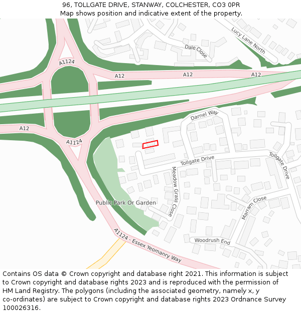 96, TOLLGATE DRIVE, STANWAY, COLCHESTER, CO3 0PR: Location map and indicative extent of plot