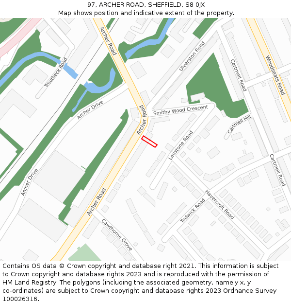 97, ARCHER ROAD, SHEFFIELD, S8 0JX: Location map and indicative extent of plot