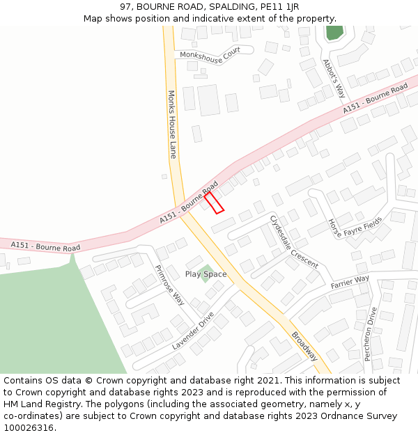 97, BOURNE ROAD, SPALDING, PE11 1JR: Location map and indicative extent of plot