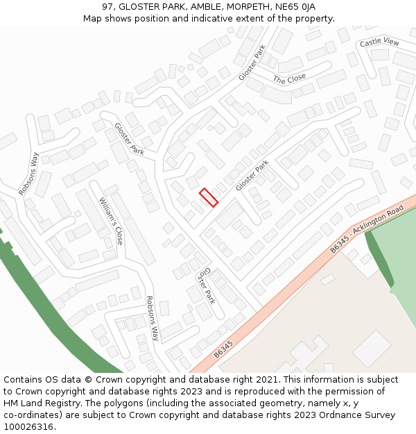 97, GLOSTER PARK, AMBLE, MORPETH, NE65 0JA: Location map and indicative extent of plot