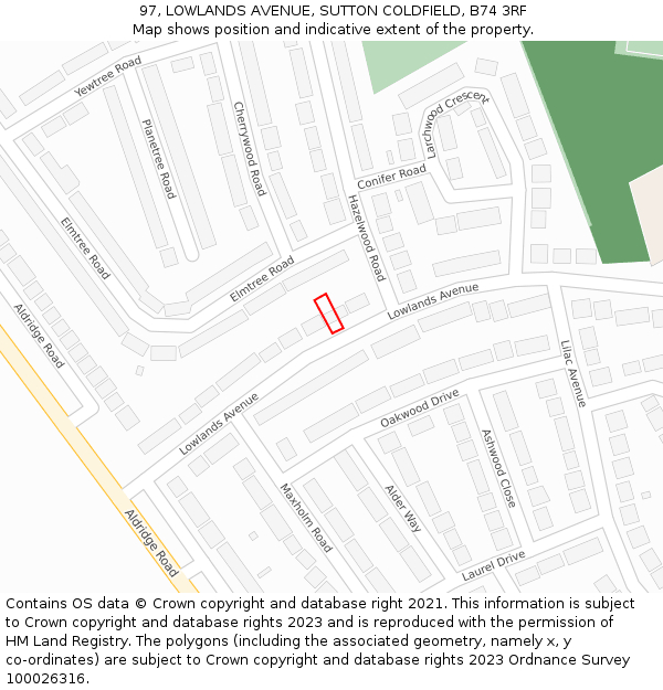 97, LOWLANDS AVENUE, SUTTON COLDFIELD, B74 3RF: Location map and indicative extent of plot