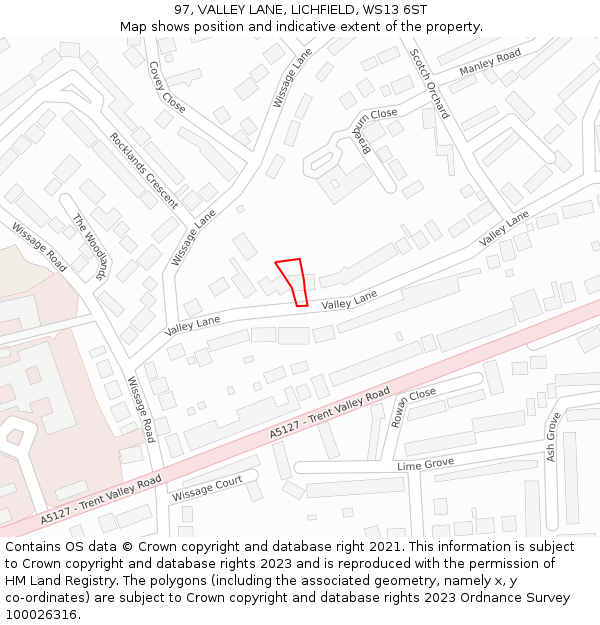 97, VALLEY LANE, LICHFIELD, WS13 6ST: Location map and indicative extent of plot