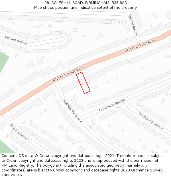 98, COLESHILL ROAD, BIRMINGHAM, B36 8AD: Location map and indicative extent of plot