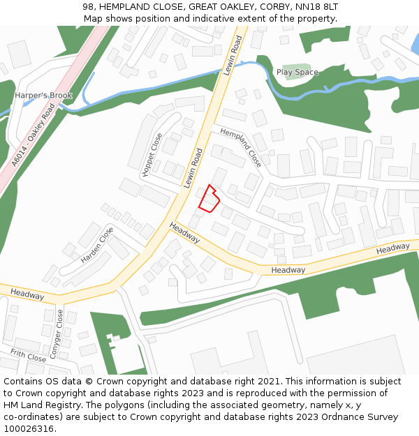 98, HEMPLAND CLOSE, GREAT OAKLEY, CORBY, NN18 8LT: Location map and indicative extent of plot