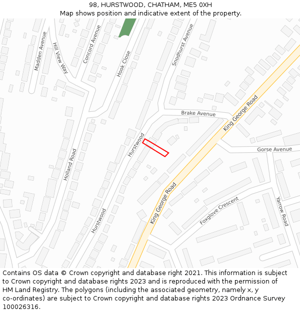 98, HURSTWOOD, CHATHAM, ME5 0XH: Location map and indicative extent of plot