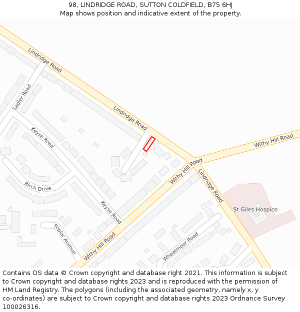 98, LINDRIDGE ROAD, SUTTON COLDFIELD, B75 6HJ: Location map and indicative extent of plot