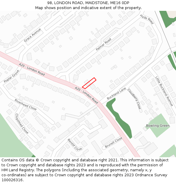 98, LONDON ROAD, MAIDSTONE, ME16 0DP: Location map and indicative extent of plot
