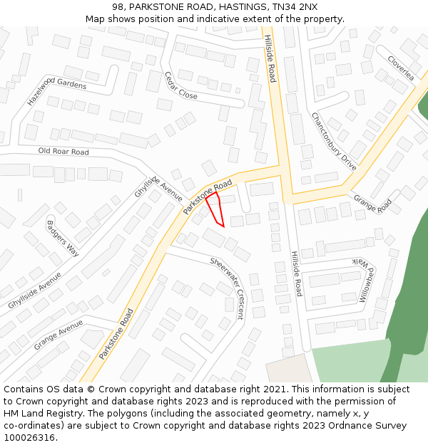 98, PARKSTONE ROAD, HASTINGS, TN34 2NX: Location map and indicative extent of plot