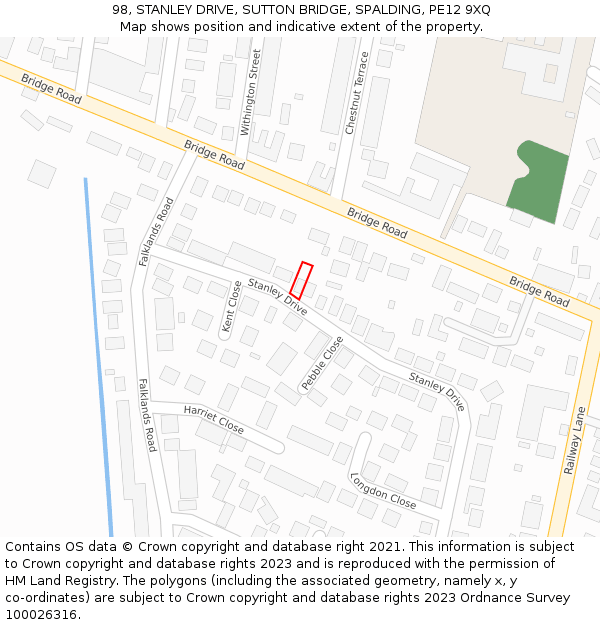 98, STANLEY DRIVE, SUTTON BRIDGE, SPALDING, PE12 9XQ: Location map and indicative extent of plot