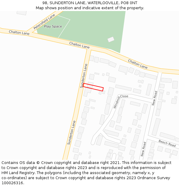 98, SUNDERTON LANE, WATERLOOVILLE, PO8 0NT: Location map and indicative extent of plot