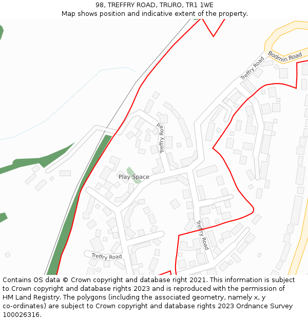 98, TREFFRY ROAD, TRURO, TR1 1WE: Location map and indicative extent of plot