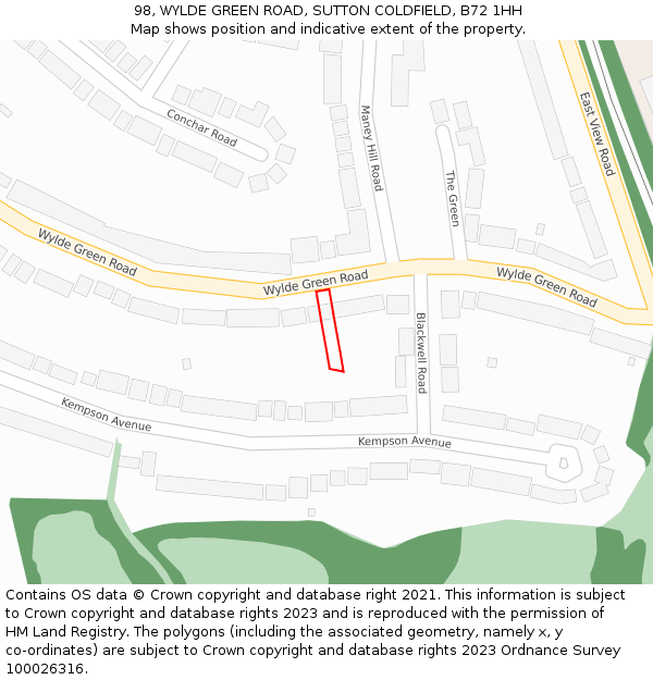98, WYLDE GREEN ROAD, SUTTON COLDFIELD, B72 1HH: Location map and indicative extent of plot