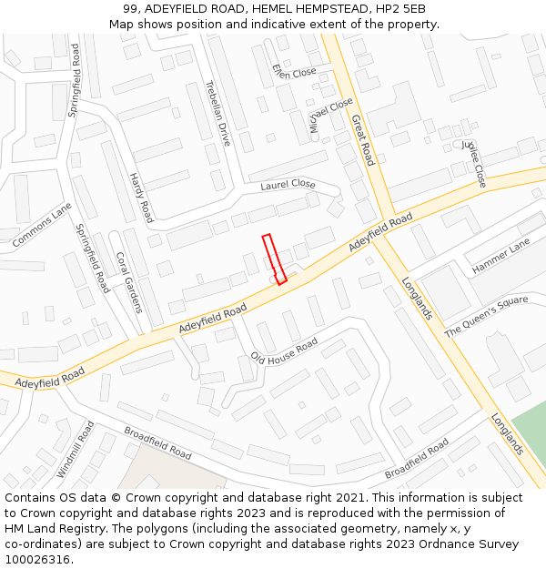 99, ADEYFIELD ROAD, HEMEL HEMPSTEAD, HP2 5EB: Location map and indicative extent of plot