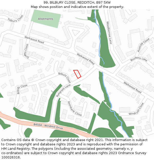 99, BILBURY CLOSE, REDDITCH, B97 5XW: Location map and indicative extent of plot