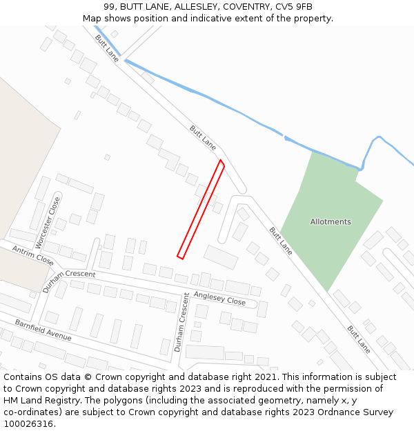 99, BUTT LANE, ALLESLEY, COVENTRY, CV5 9FB: Location map and indicative extent of plot