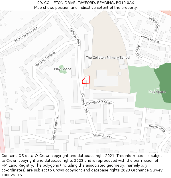 99, COLLETON DRIVE, TWYFORD, READING, RG10 0AX: Location map and indicative extent of plot