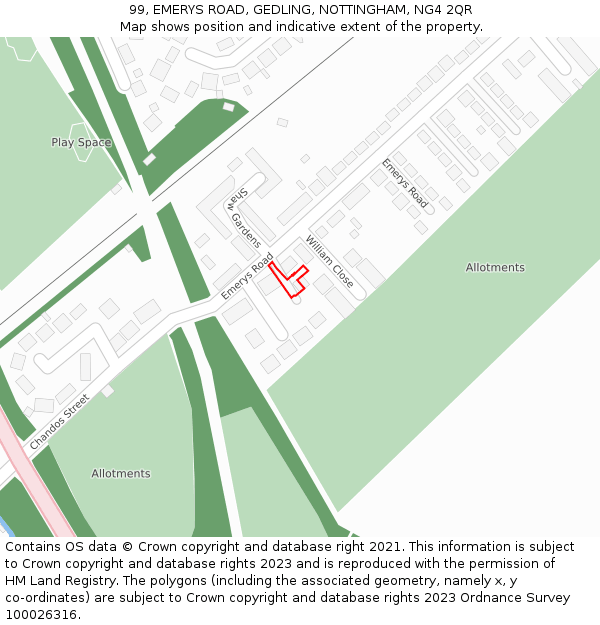 99, EMERYS ROAD, GEDLING, NOTTINGHAM, NG4 2QR: Location map and indicative extent of plot